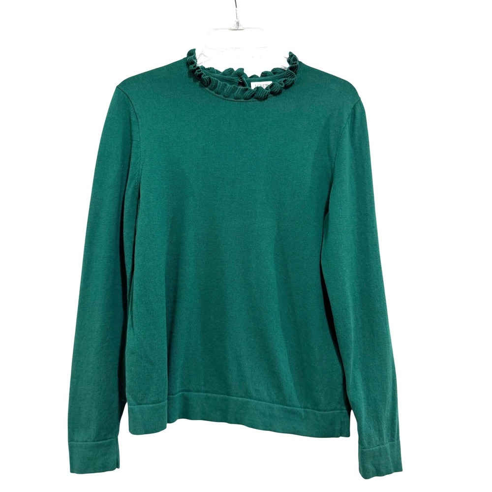 J.Crew Forest Green Ruffle Mock Neck Cotton Sweater Medium Keyhole Back Pullover